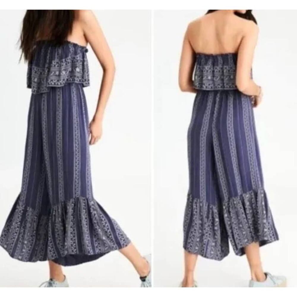 Japna Women's Blue Boho Charm Wide-Leg Smocked Ruffle Jumpsuit Vacation SZ S NWT